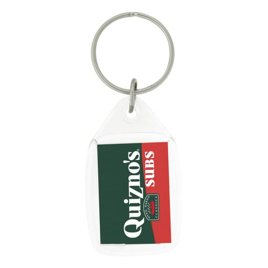 A tear drop acrylic keychain with a transparent design and a logo in green, white, and red colours.