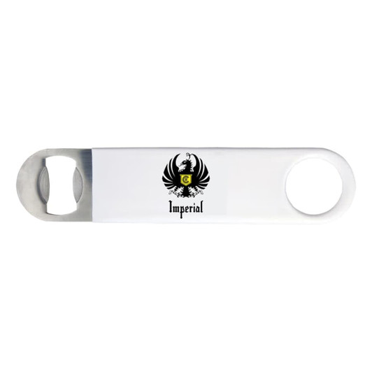 A drink bottle opener in white with a metal opener and a logo featuring a bird emblem.