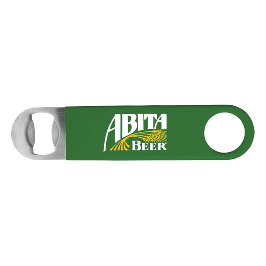 A green bottle opener with a stainless steel cap lifter and a logo printed on its handle.
