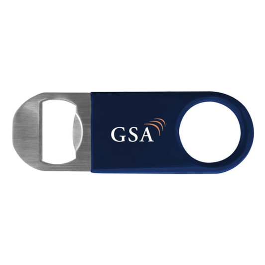 A drink bottle opener in navy blue with a stainless steel edge and a logo on one side.