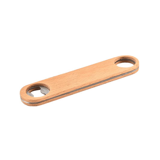 A bamboo bottle opener with two holes and a sleek, natural wooden finish. It features a subtle logo.