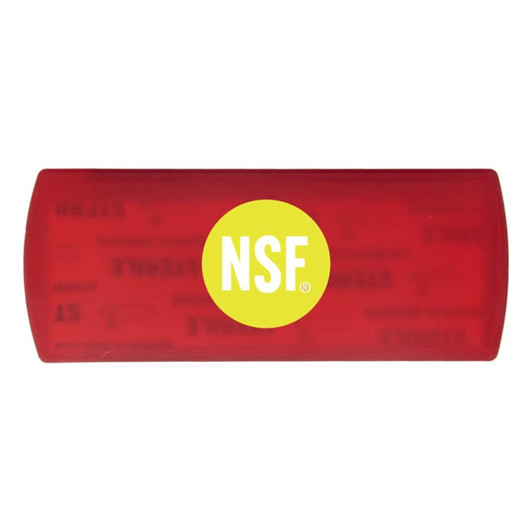 A red bandage dispenser with a circular logo, featuring a smooth, sleek design.