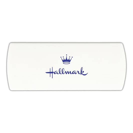 A white bandage dispenser with a blue logo featuring a crown and the word "Hallmark".