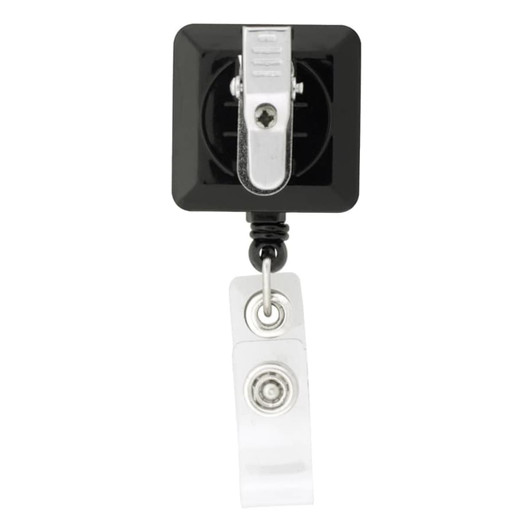 A black rectangle badge holder with a silver clip and a clear retractable strap.