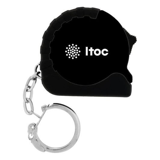 A small black mini tape measure with a keychain attachment and a logo.