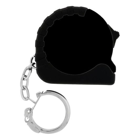 A black mini tape measure with a silver keychain attachment. The product has a rounded, compact design.