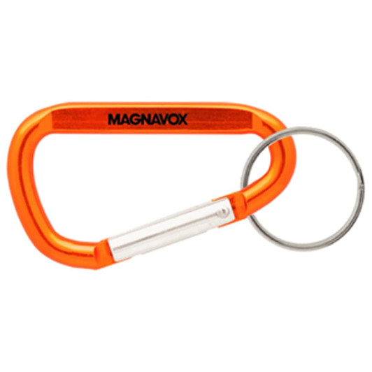 An orange 60mm carabiner with a metal keyring attachment and a logo on it.