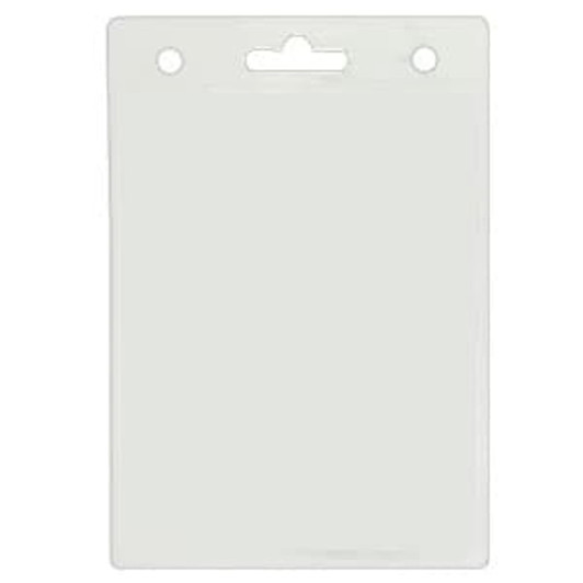 A clear plastic badge holder with two top holes for attachment, measuring 110mm W x 160mm H.