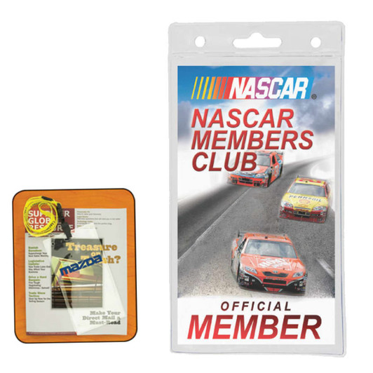 A clear badge holder with a top slot, featuring a NASCAR logo and images of race cars. Suitable for displaying membership cards.