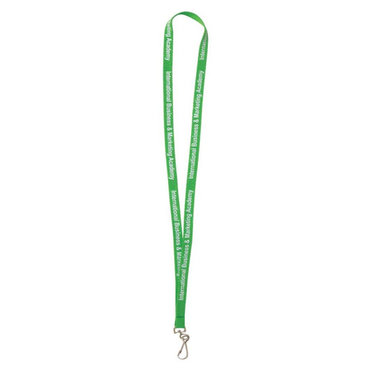 A green custom lanyard with a clasp, featuring repeated branding along its length.