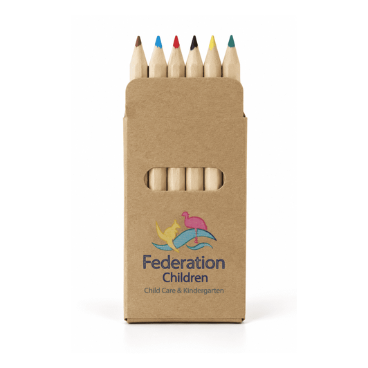 A pack of eight coloured pencils in a cardboard box with a logo. Includes red, blue, yellow, and other colours.