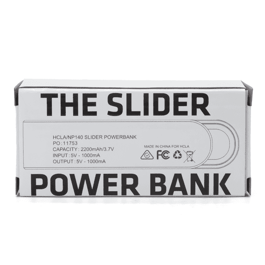 A power bank packaging in white with accents, featuring a logo and product details, designed for mobile devices.