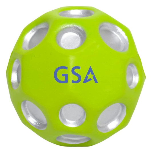 A bright green high bounce ball with silver holes and a logo printed on the surface.