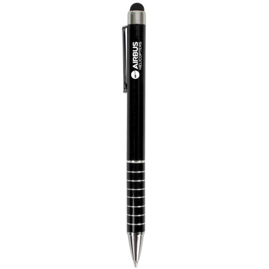 A black Malibu stylus pen with silver accents, featuring a logo on its body.