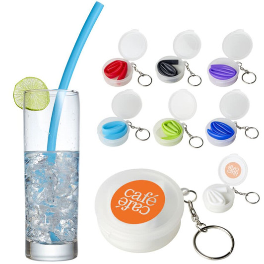 A drink bottle filled with ice, featuring a blue reusable silicone straw beside an assortment of coloured silicone straws in cases.