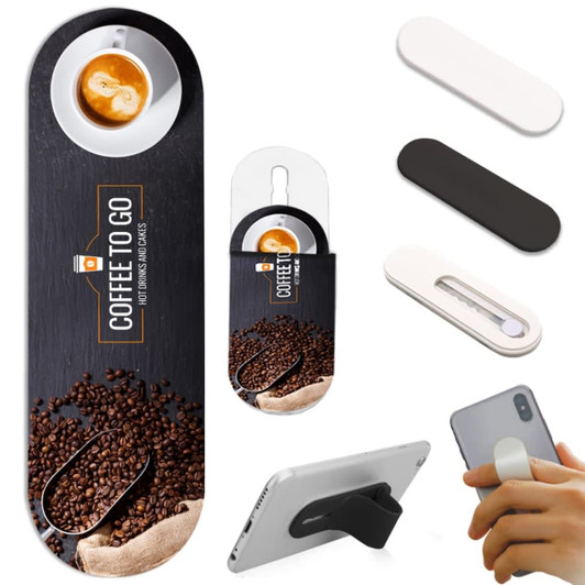 A collection of smartphone straps in black, white, and grey, featuring a coffee-themed design with coffee beans.