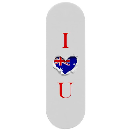 A white smartphone strap featuring a heart design with the Australian flag and red text saying "I ♥ U."