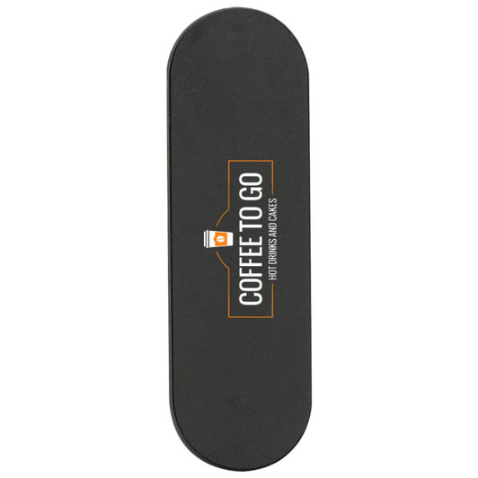 A black smartphone strap with a logo and text promoting "Coffee to Go."