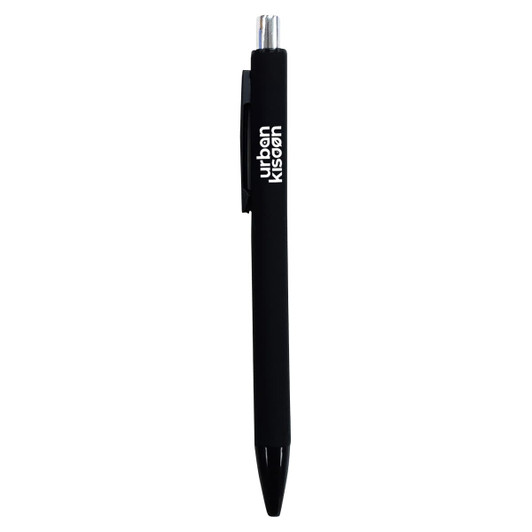 A black plastic pen featuring a clip and a silver tip, with a logo on the barrel.
