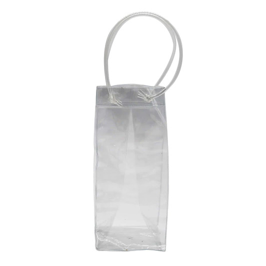 A medium, transparent cooler bag with clear handles, featuring a simple design and no visible branding.