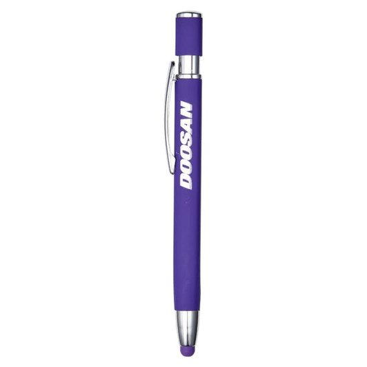 A metal pen with a purple body and silver accents, featuring a logo on the side.
