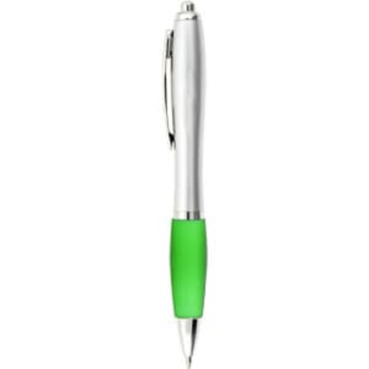 A silver pen with a green rubber grip. The pen has a clip and a branding logo on its body.