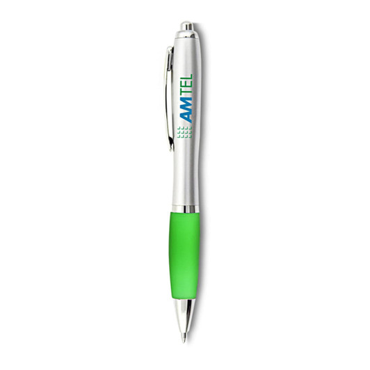 A plastic pen with a silver barrel and a green grip. It features a logo on the barrel.