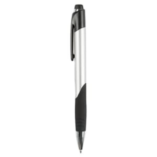 A silver and black plastic pen with a grip and a logo on the side.