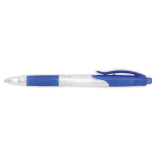 A plastic pen with a transparent barrel and blue accents, featuring a comfortable grip and a click mechanism.