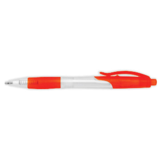 A plastic pen with an orange grip and clip, featuring a sleek white barrel and a branding logo.