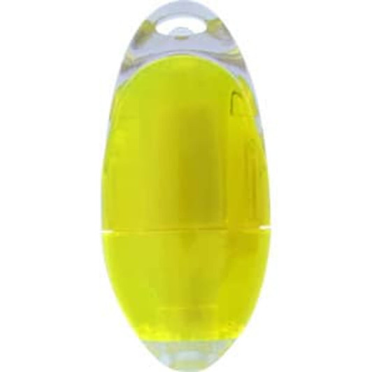 A highlighter in bright yellow with a transparent casing and a rounded shape. It features a logo.