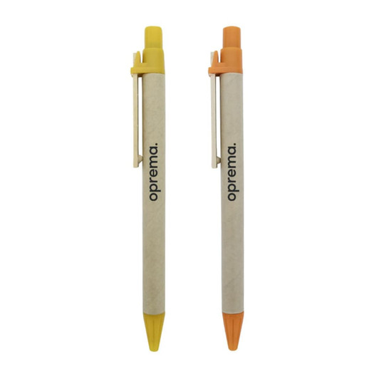 Two pens are displayed, one in yellow and the other in orange, both featuring a branding logo.