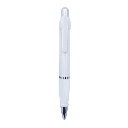 A white plastic pen with a sleek design and a transparent cap, featuring a clip and silver accents.