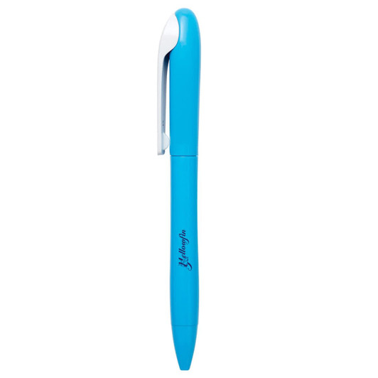 A bright blue plastic pen with a white clip and an attached logo.