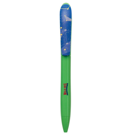 A green pen with a blue starry design on the cap and a logo on the body.