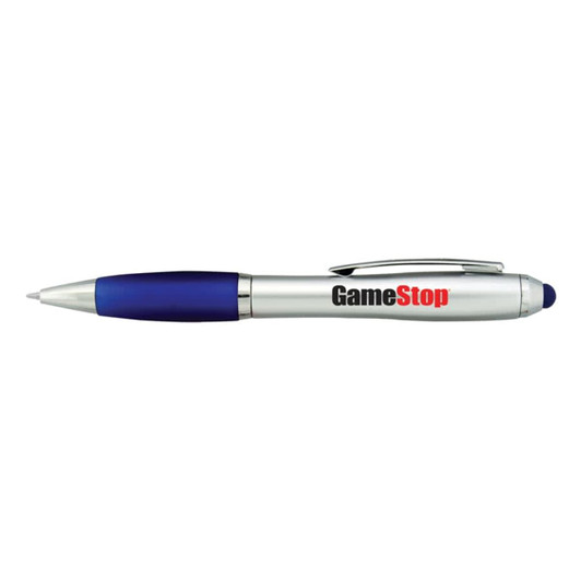 A silver stylus pen with a blue grip and a branding logo.