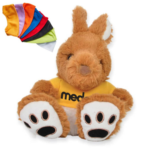 A plush kangaroo toy in brown, wearing a yellow shirt with a logo, accompanied by colourful fabric options at the top.