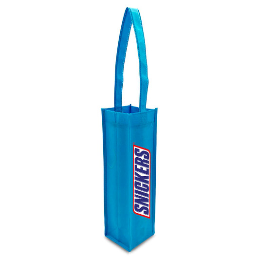 A blue non-woven single wine tote bag with a long handle and a logo.