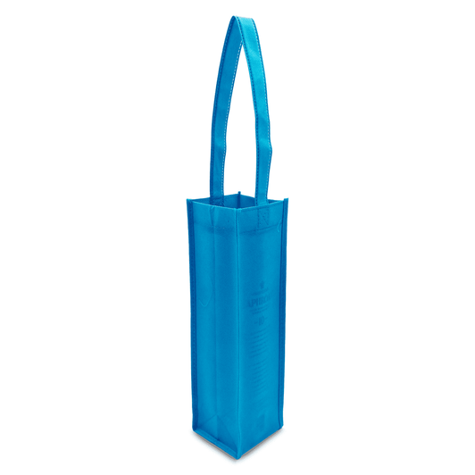 A bright blue non-woven single wine tote bag with a long handle and a logo.