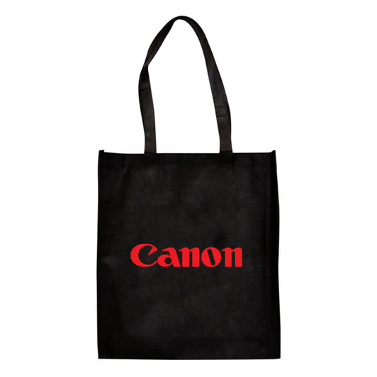 A large black shopping tote bag with a gusset and a logo in red. It features two sturdy handles.