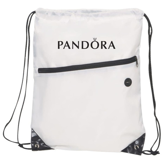 A white drawstring bag with a zippered front pocket and black accents, featuring a logo.
