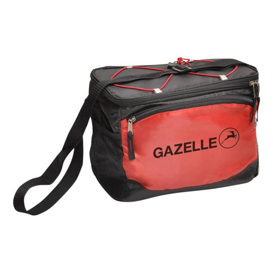 A black and red cooler bag with a shoulder strap and a logo. Features zippered compartments for storage.