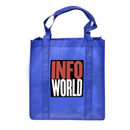 A blue shopping tote bag with a gusset, featuring a central logo and dual handles.