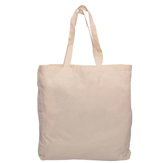 A beige calico tote bag with gusset and two handles. It features a plain design and includes a logo.