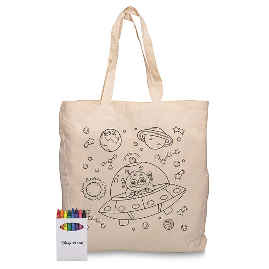 A natural canvas bag featuring a line-drawn space theme with a crayon set in vibrant colours.