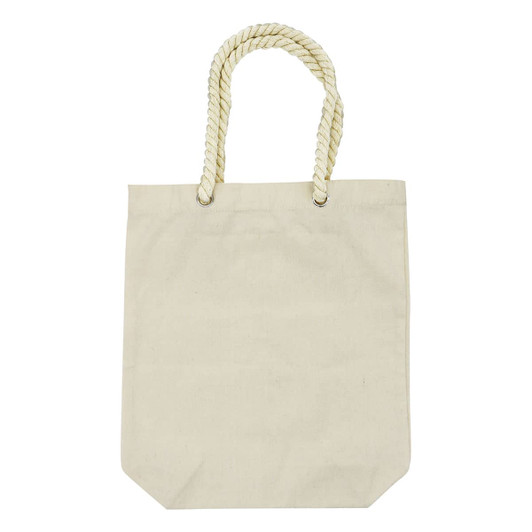 A cream-coloured tote bag with rope handles and a simple design. The bag has a logo feature.