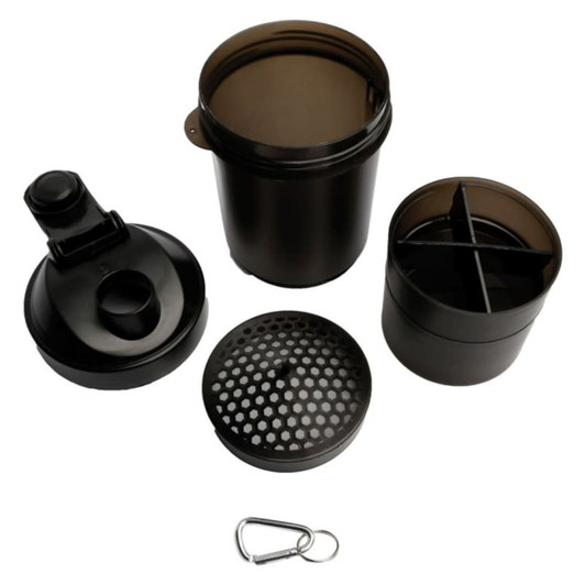 A drink bottle set featuring a black 400ml shaker cup with a removable lid and separate compartments. Includes a carabiner.