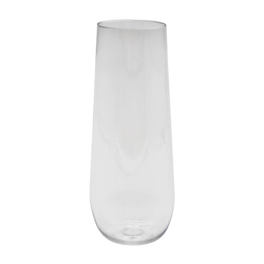 A clear, stemless shatterproof champagne glass with a smooth, modern design and a subtle logo.