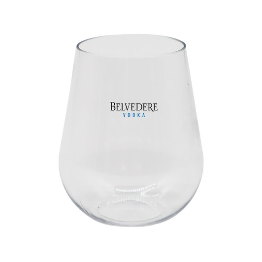 A stemless, shatterproof wine glass in clear plastic, featuring a logo.