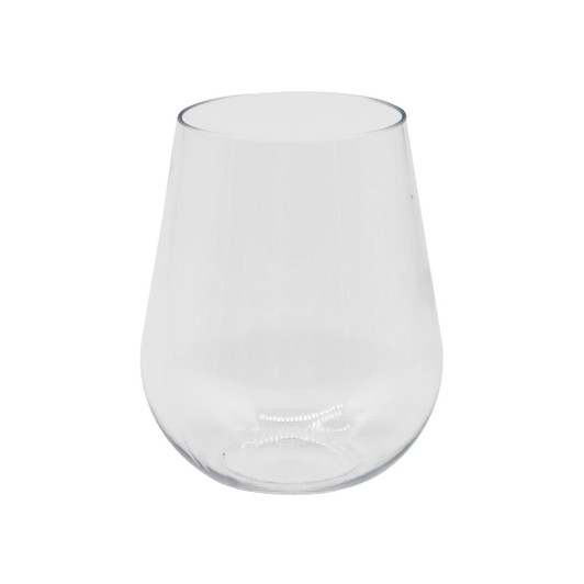 A clear, stemless shatterproof white wine glass with a rounded design and no branding visible.